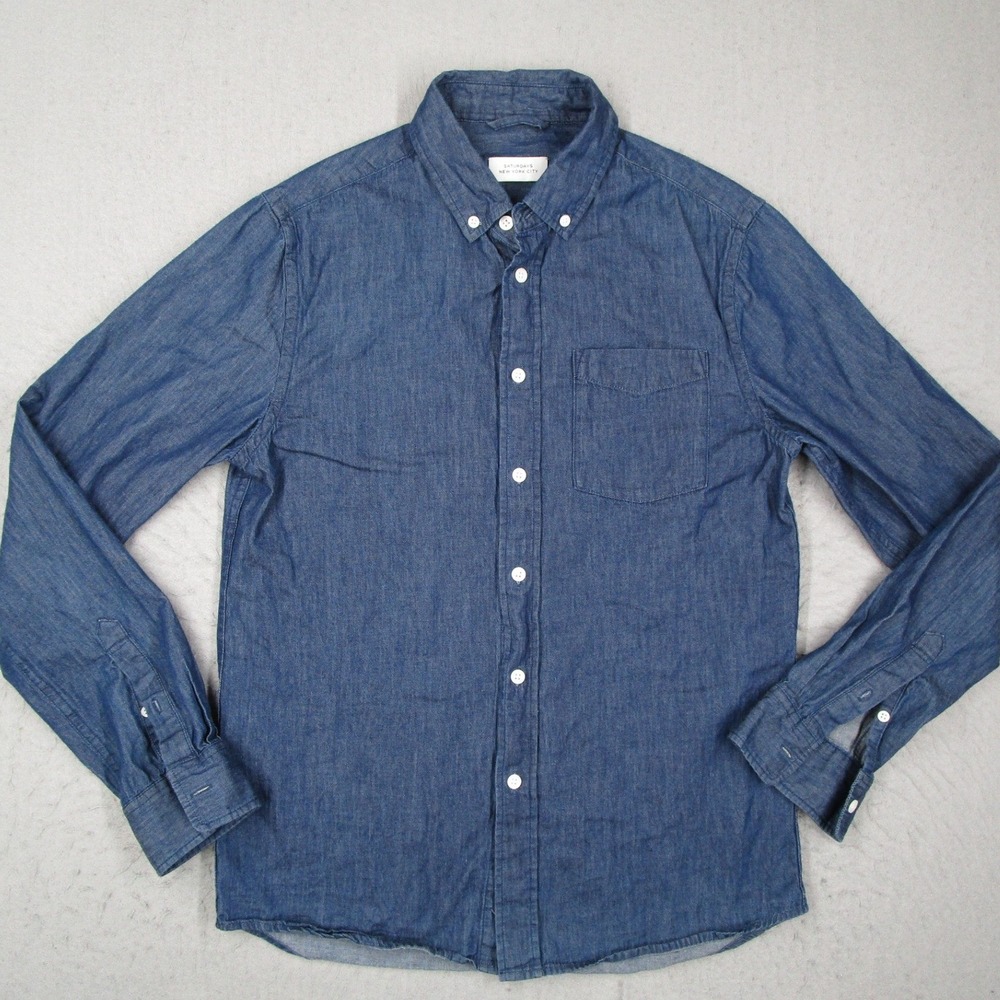Saturdays NYC Mens Small Blue Cotton Chambray Button Down Shirt Long Sleeve